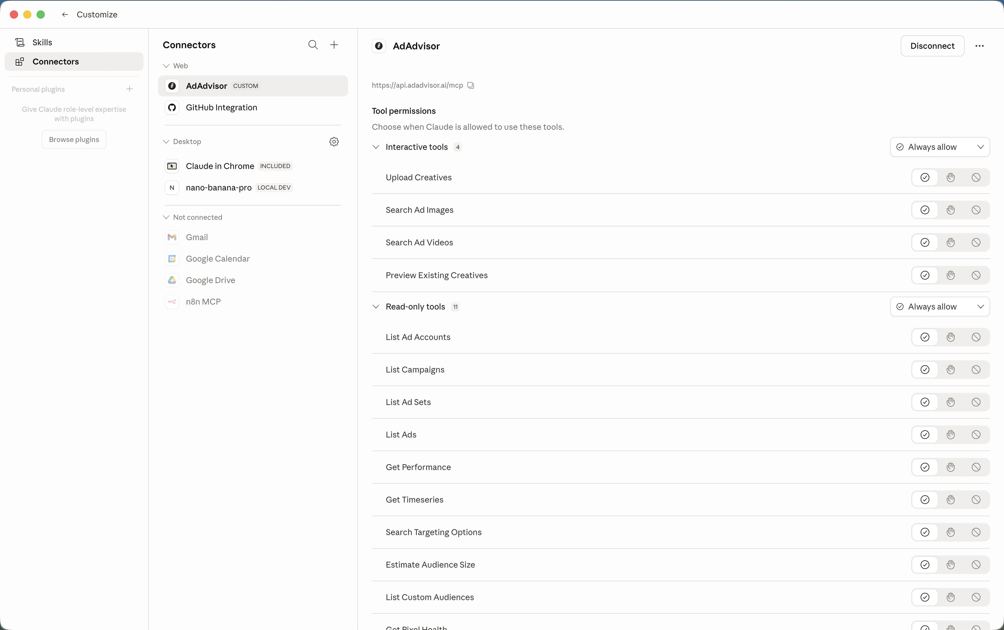 Tool permissions screen with AdAdvisor connected