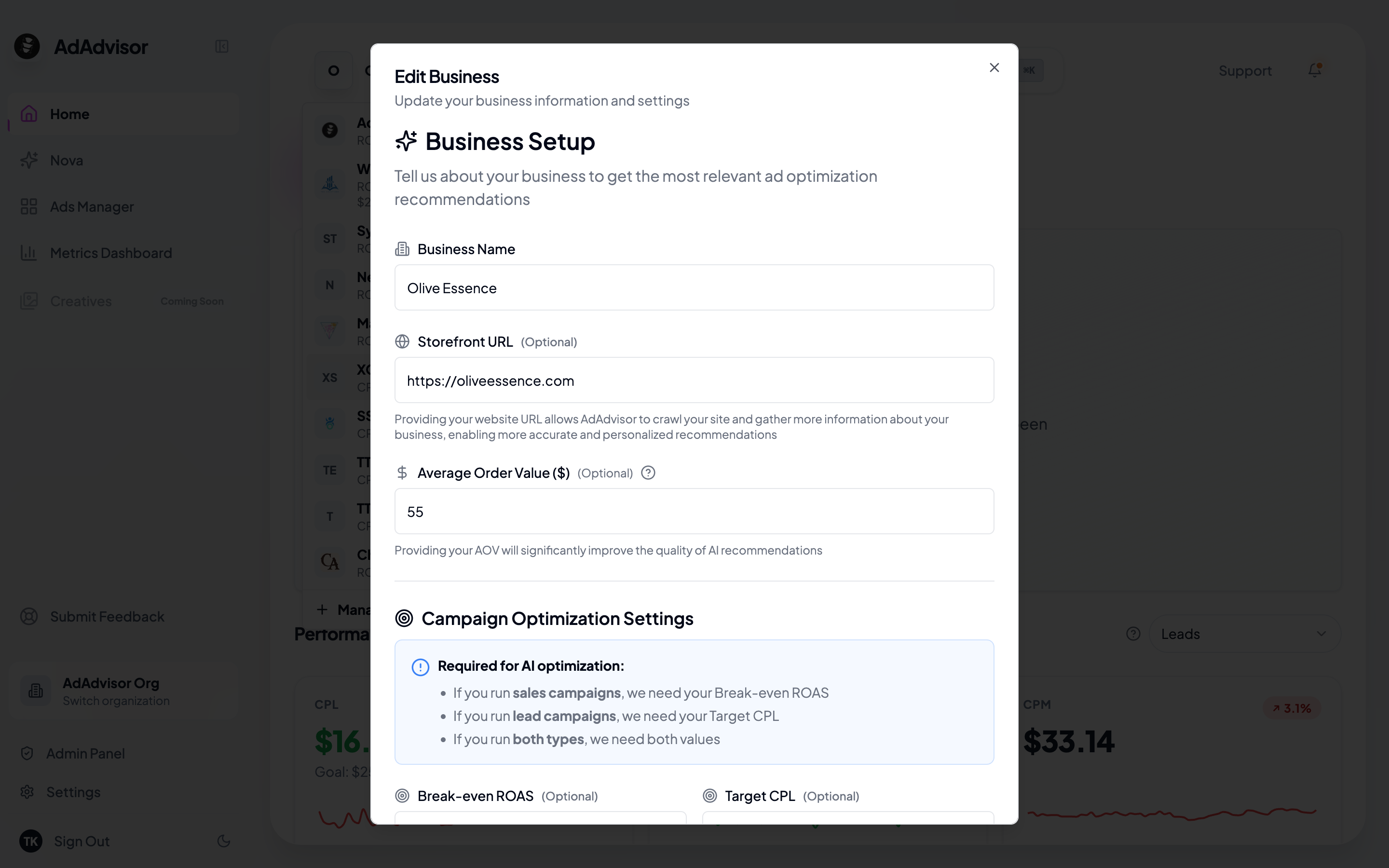 Edit business dialog