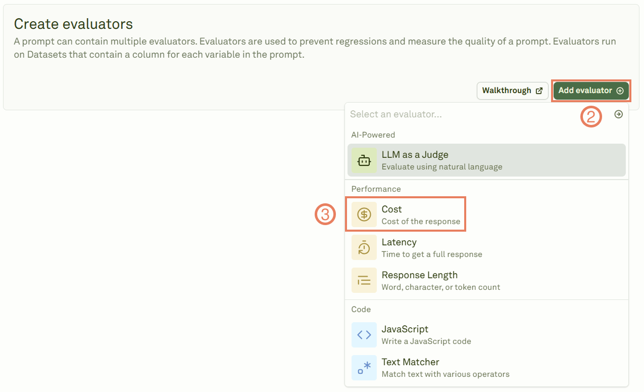 Selecting the Cost evaluator Selecting the Cost evaluator
