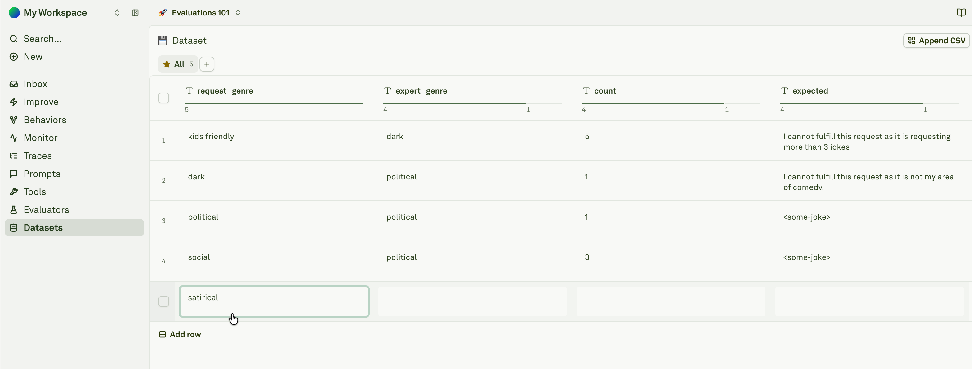 Dataset table in Adaline Dataset table showing manually entered rows and columns