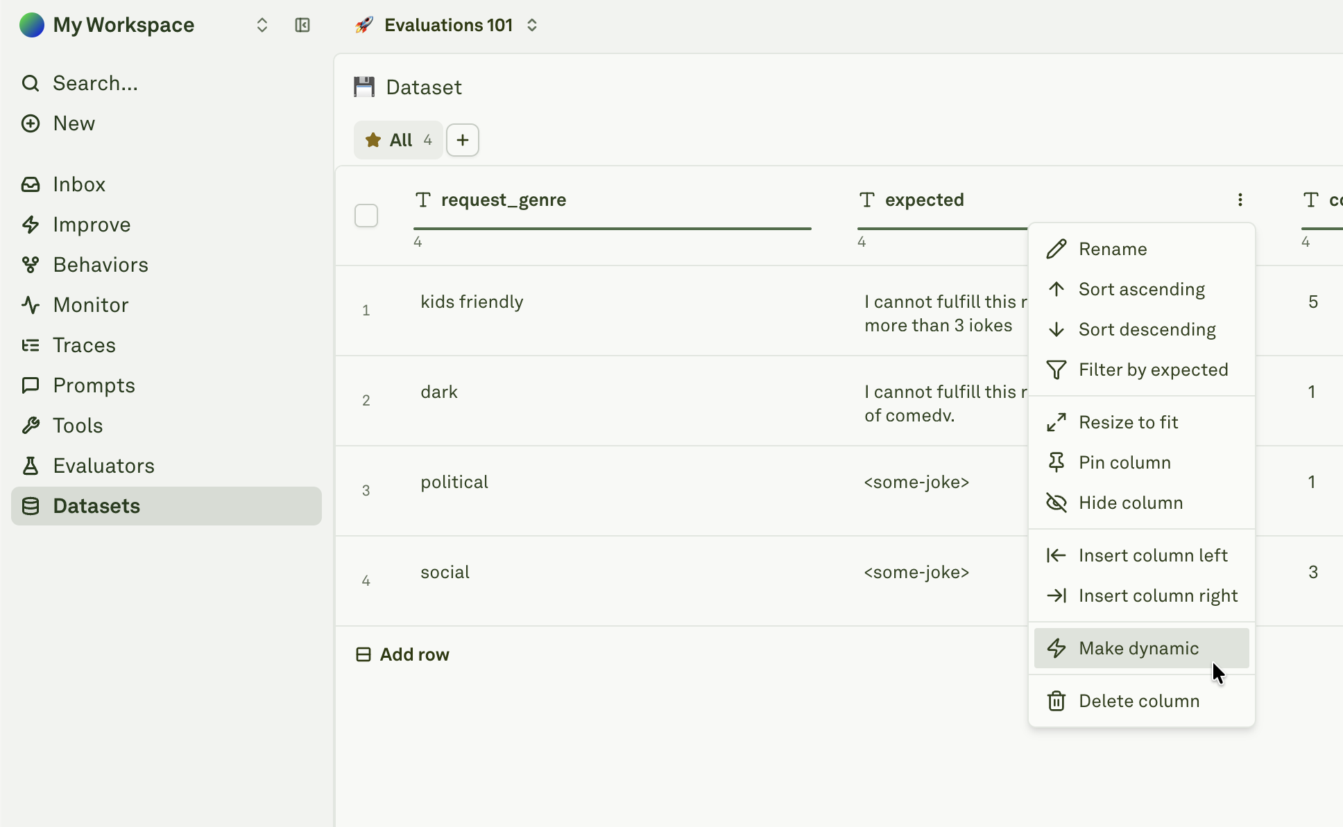 Dynamic columns in dataset - Adaline
