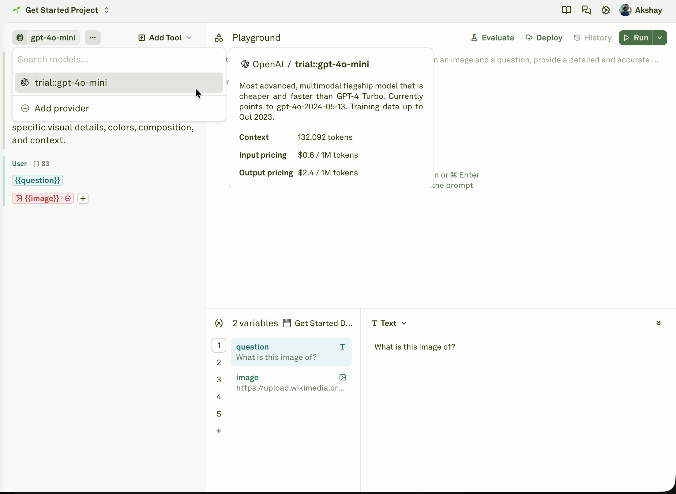 Prompts in Adaline Prompt editor showing model selection, prompt messages, variables, and playground workflow