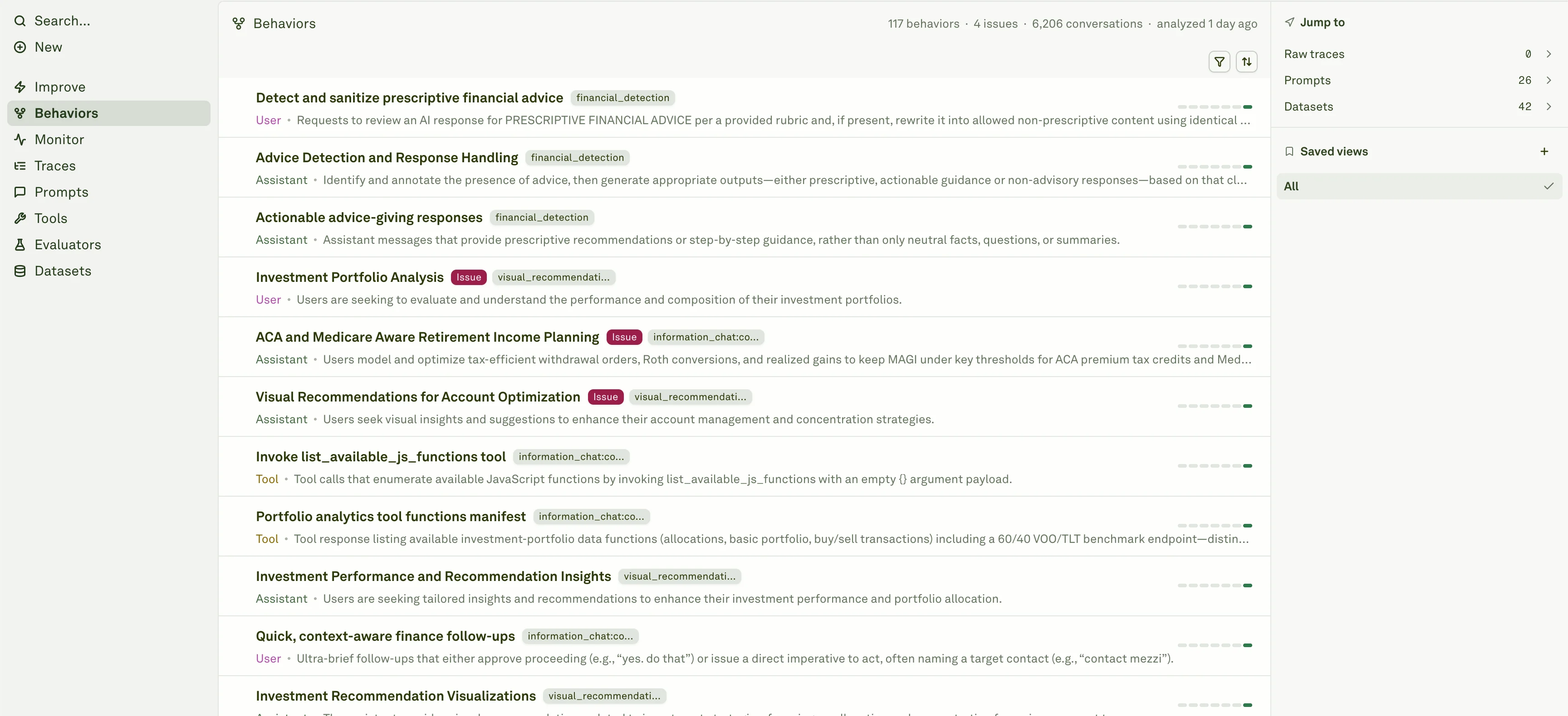 Behaviors list Behaviors list showing behavior names, roles, error rates, conversation counts, and status