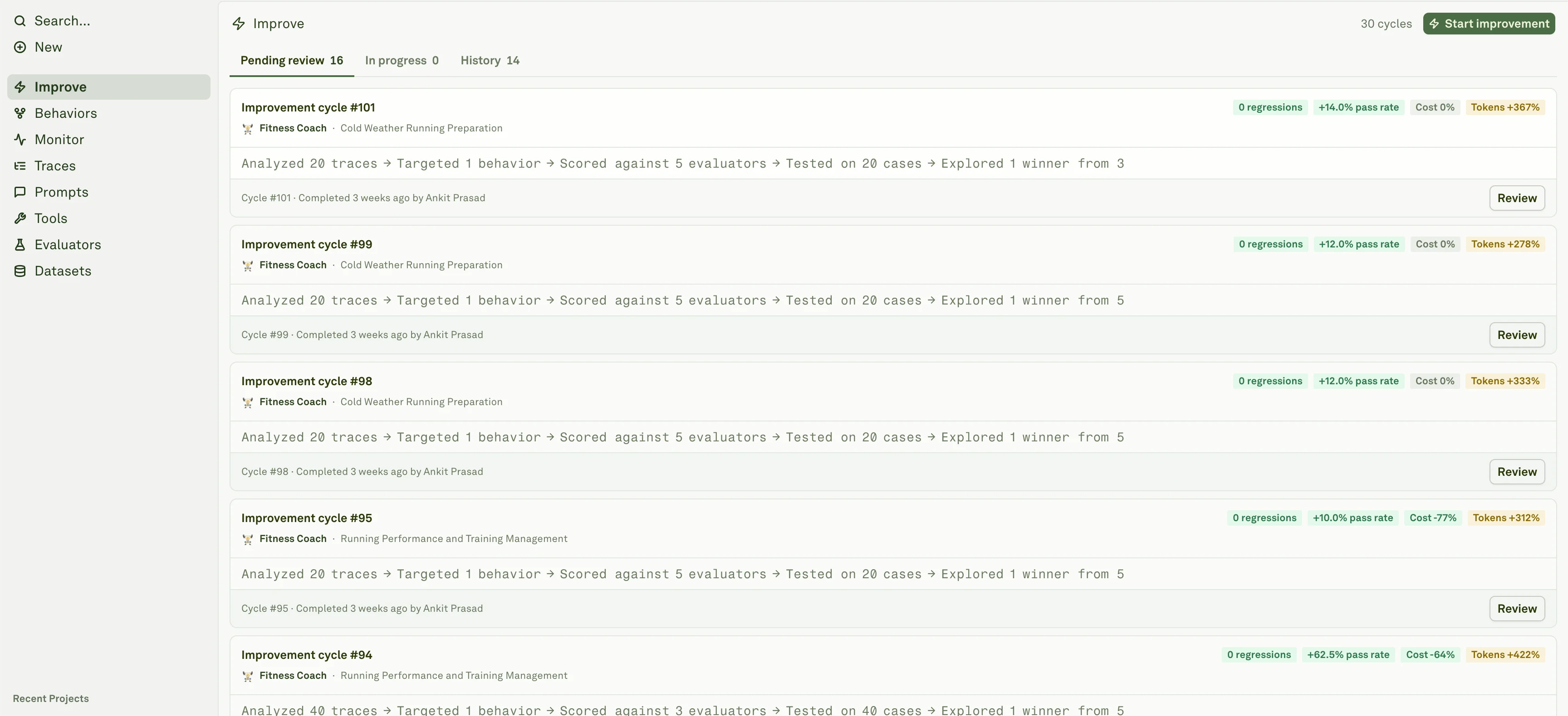 Improve cycles Improve page showing pending review, in progress, and history cycles