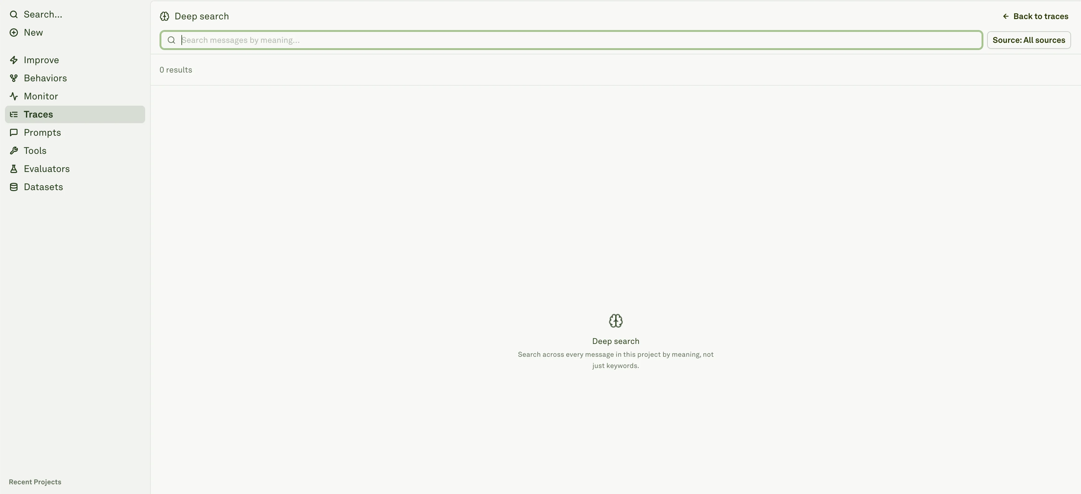 Deep search Deep search page with semantic query, source filters, and related trace results
