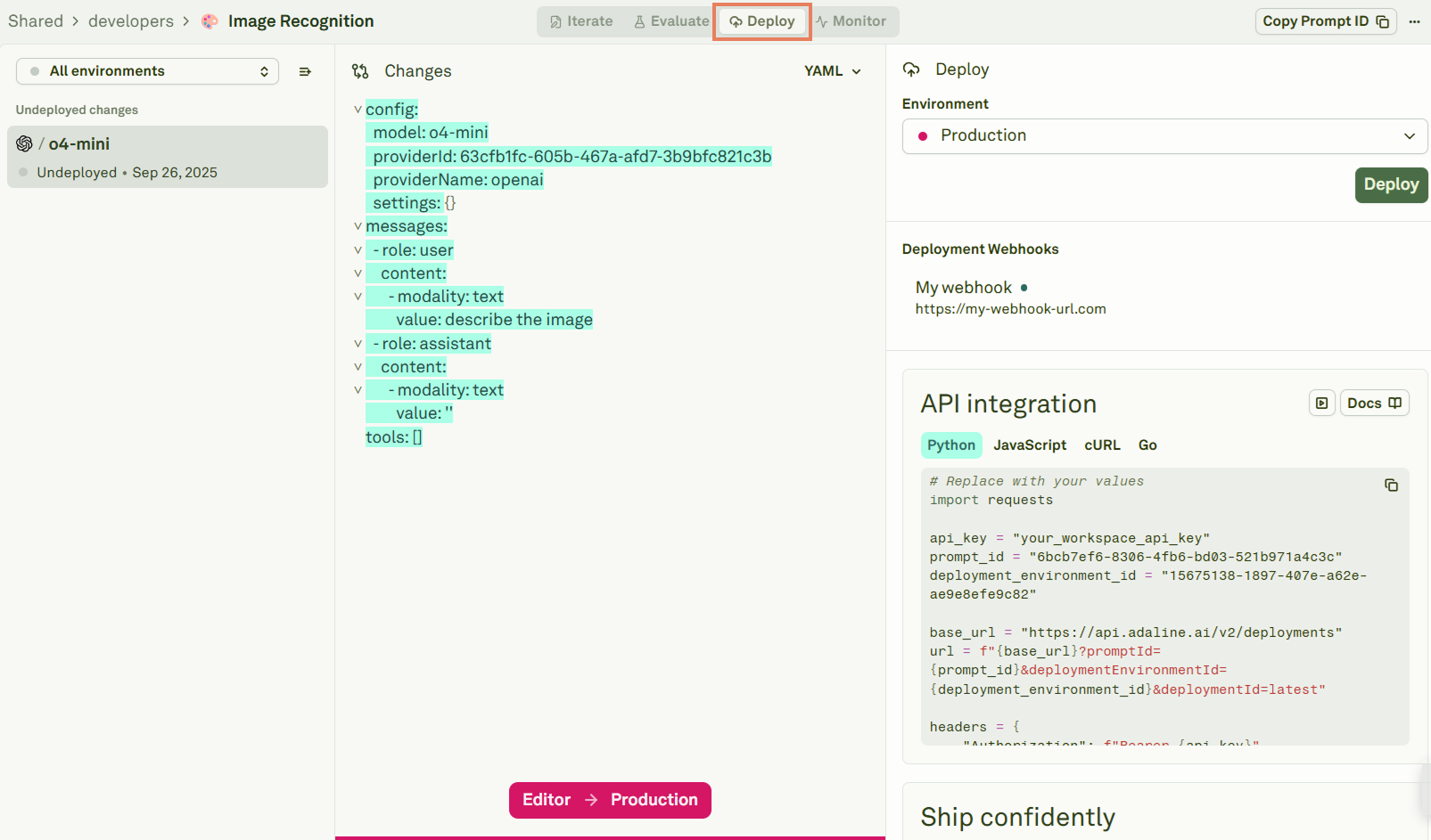 Deployment environment view in Adaline Deployment environment view in Adaline