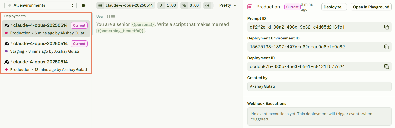 Deployment history in Adaline Deployment history in Adaline