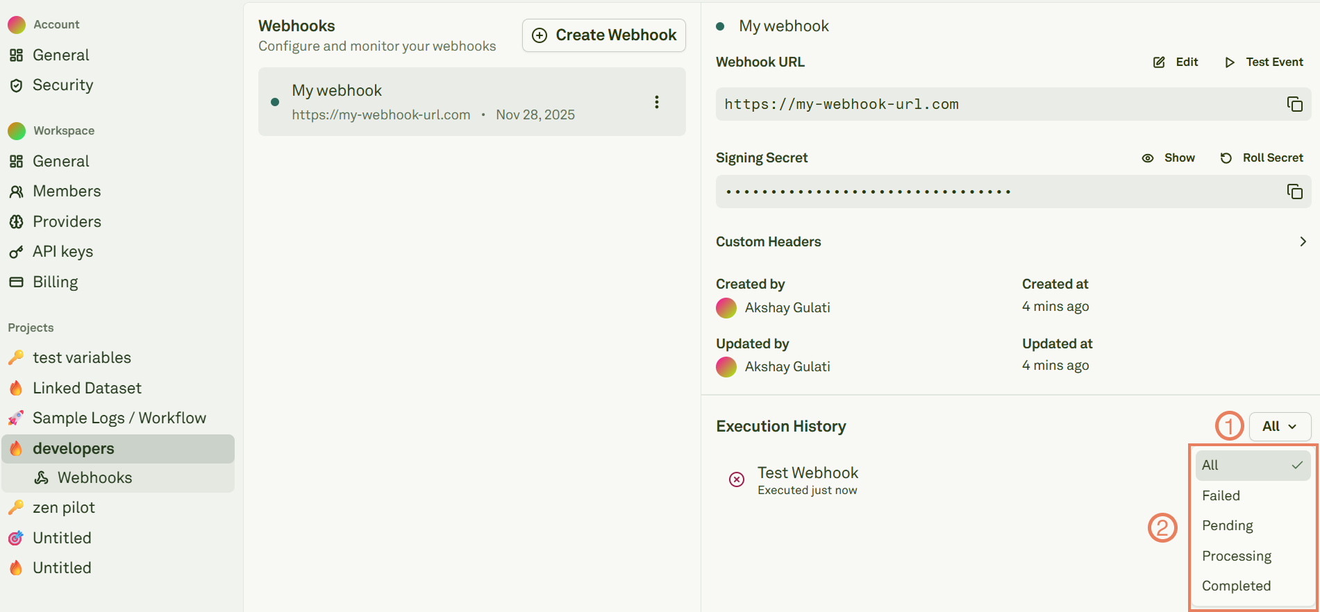 Webhook execution history Webhook execution history