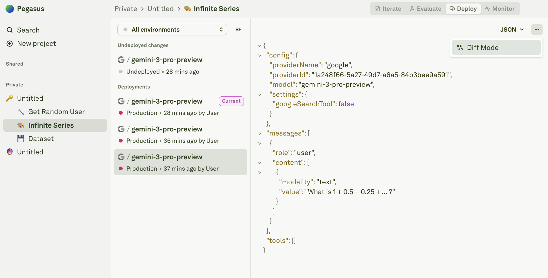 Turning on the diff mode Turning on the diff mode