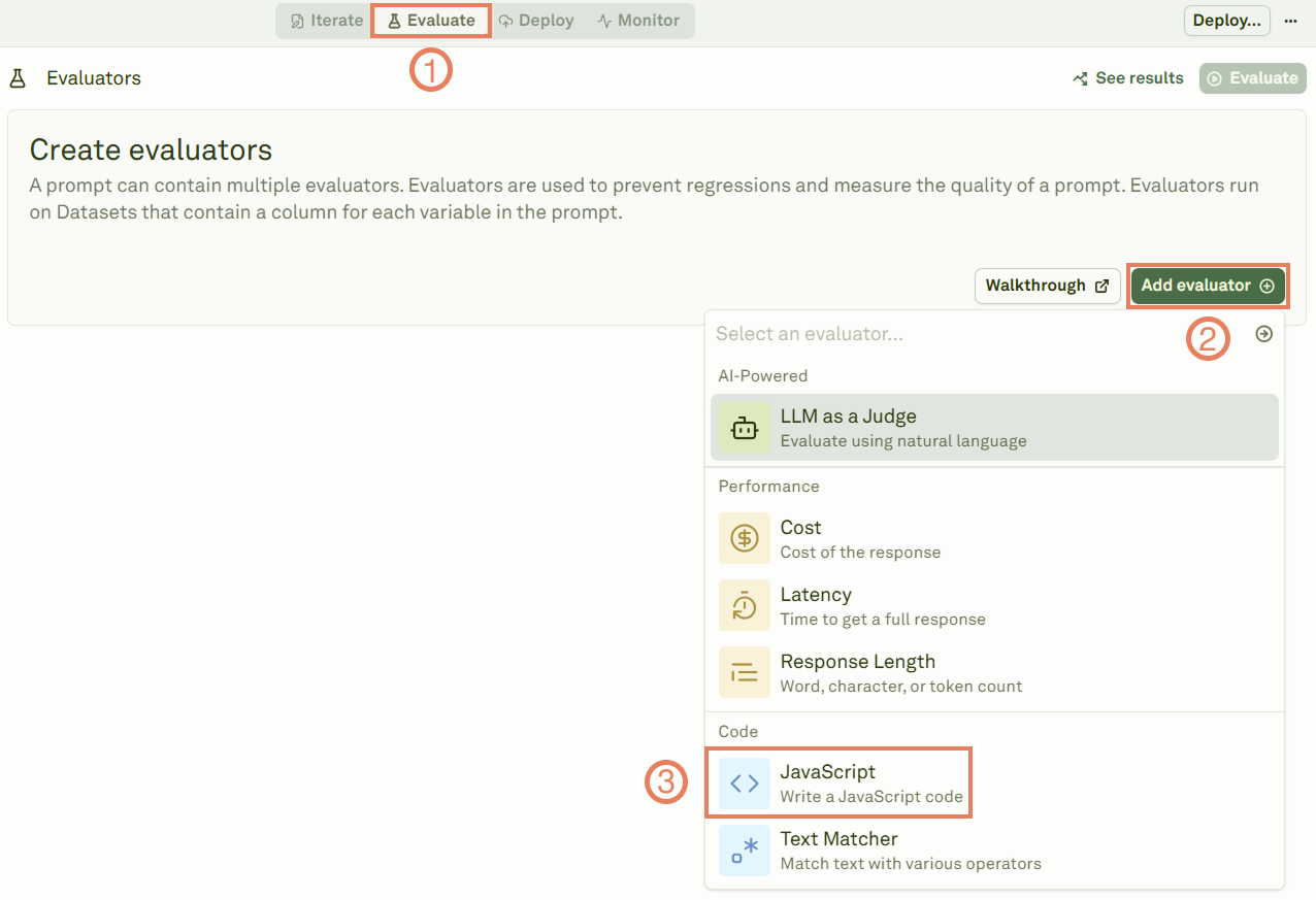 Selecting the JavaScript evaluator Selecting the JavaScript evaluator