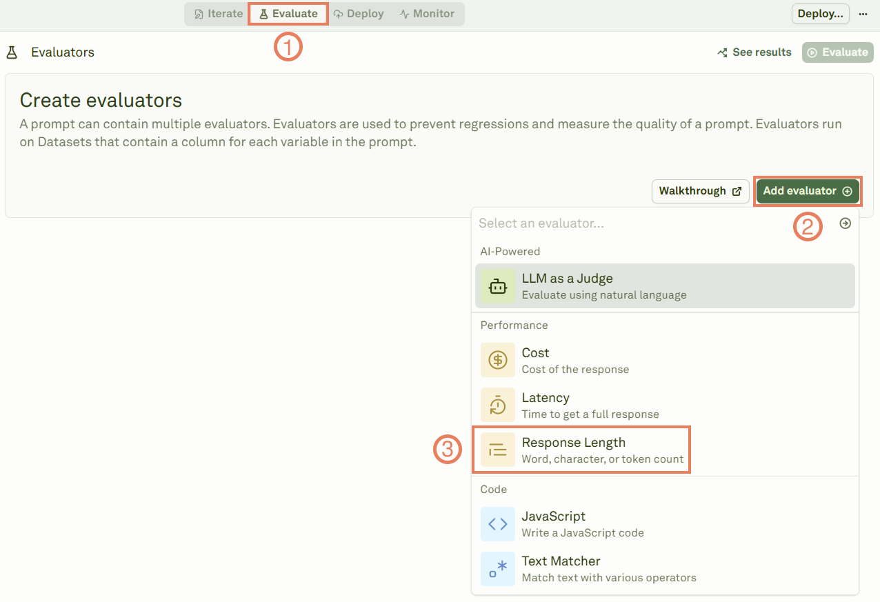 Adding the Response Length evaluator Adding the Response Length evaluator