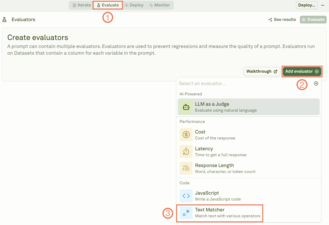 Selecting the Text Matcher evaluator Selecting the Text Matcher evaluator