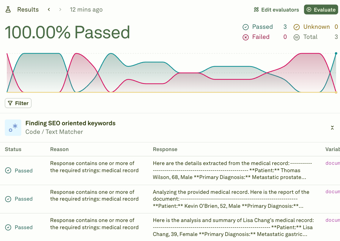 Text Matcher evaluator results Text Matcher evaluator results