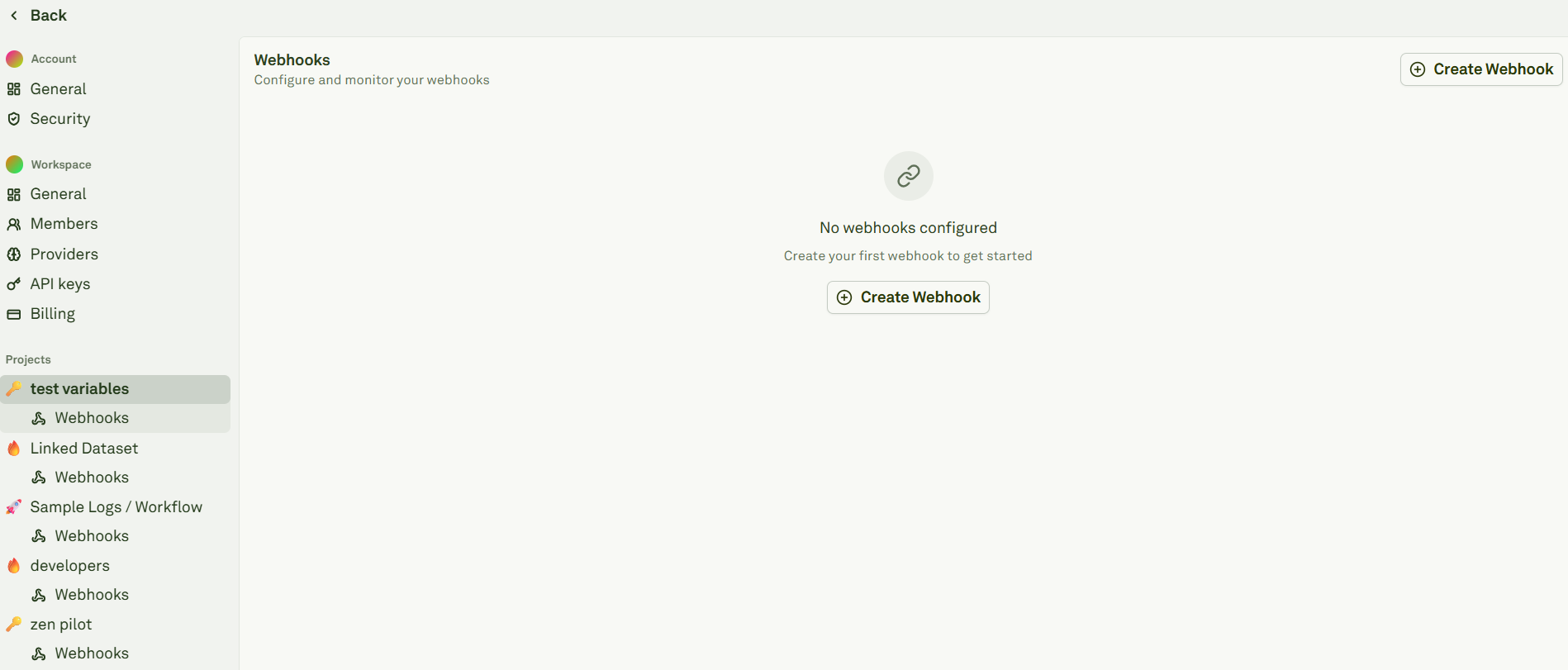 Webhooks in Adaline's settings Webhooks in Adaline's settings