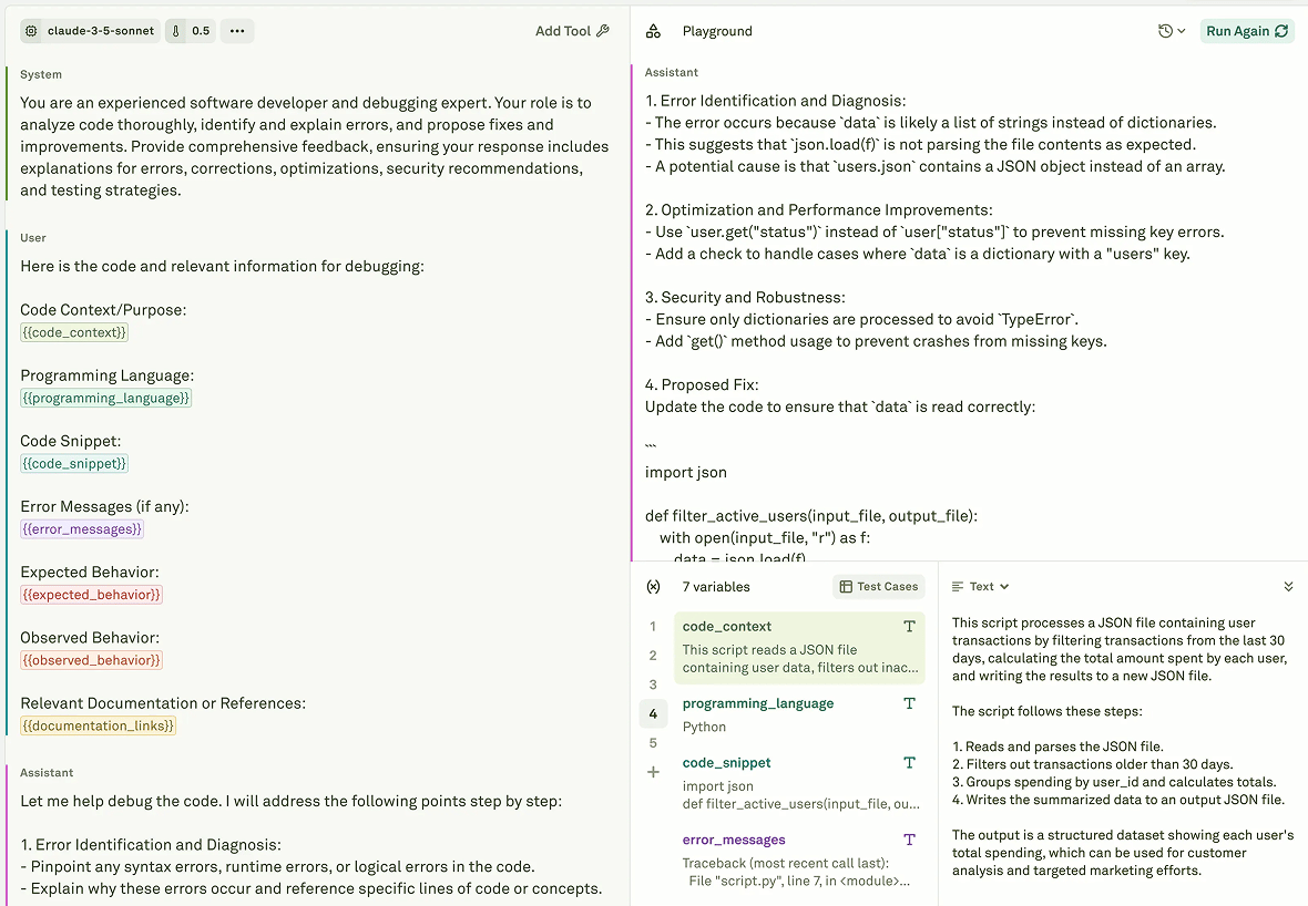 Prompt editor Prompt editor in Adaline showing model configuration, messages, variables, and playground workflow