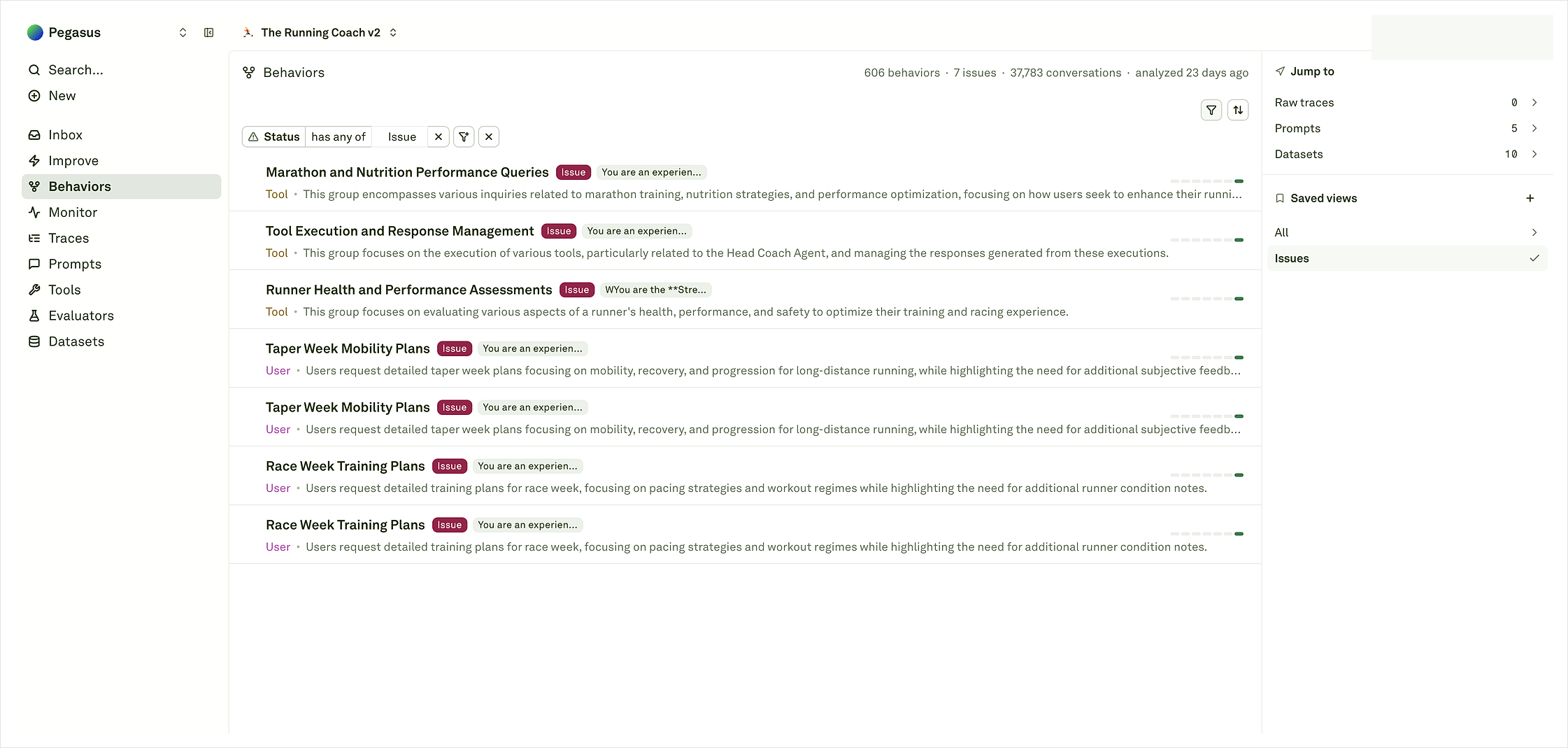 Logs to Behaviors Behaviors list showing issue-filtered recurring production patterns after logs have been sent to Adaline