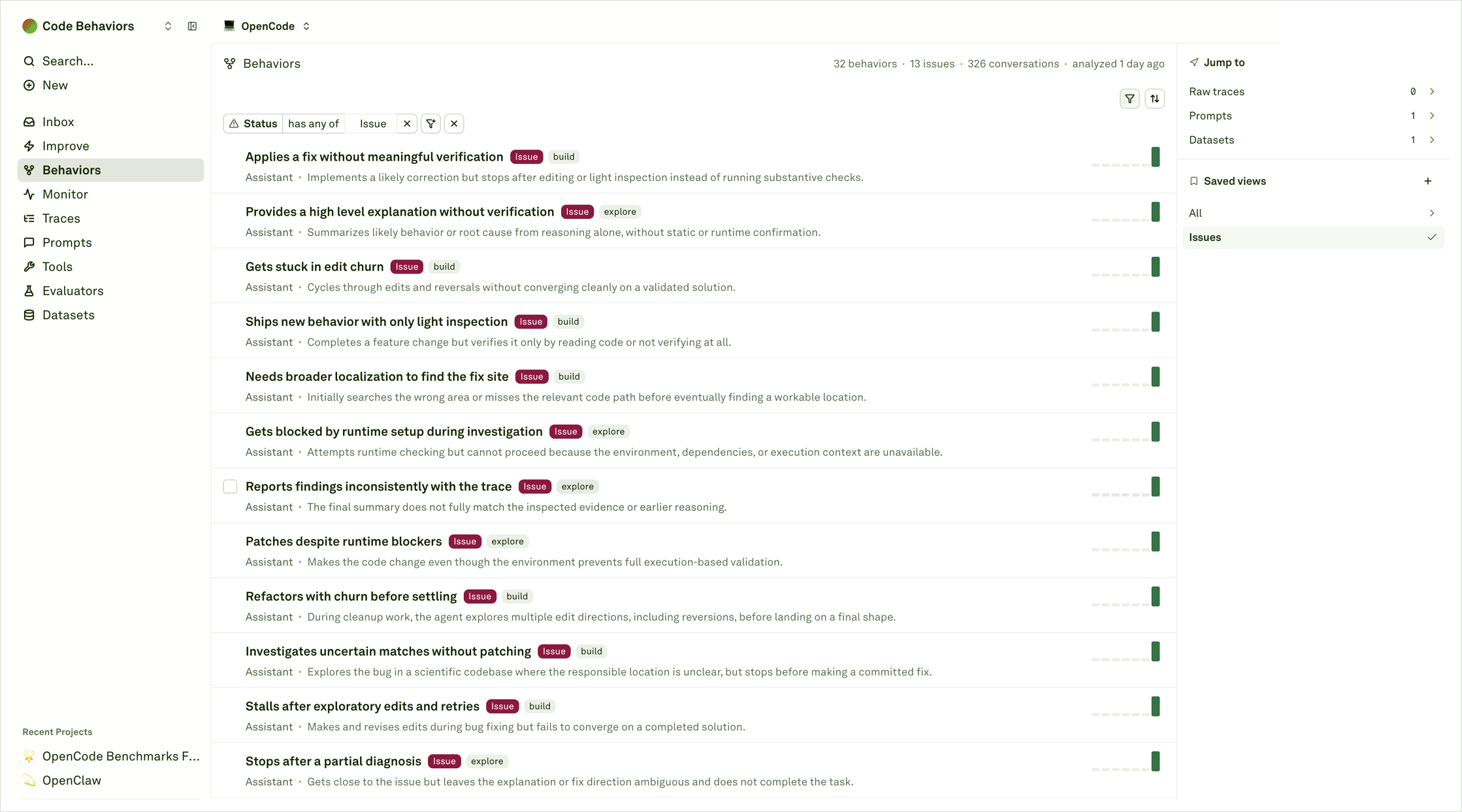 Coding-agent Behaviors catalog Coding-agent Behaviors catalog showing issue-filtered task patterns, summaries, counts, saved views, and related objects