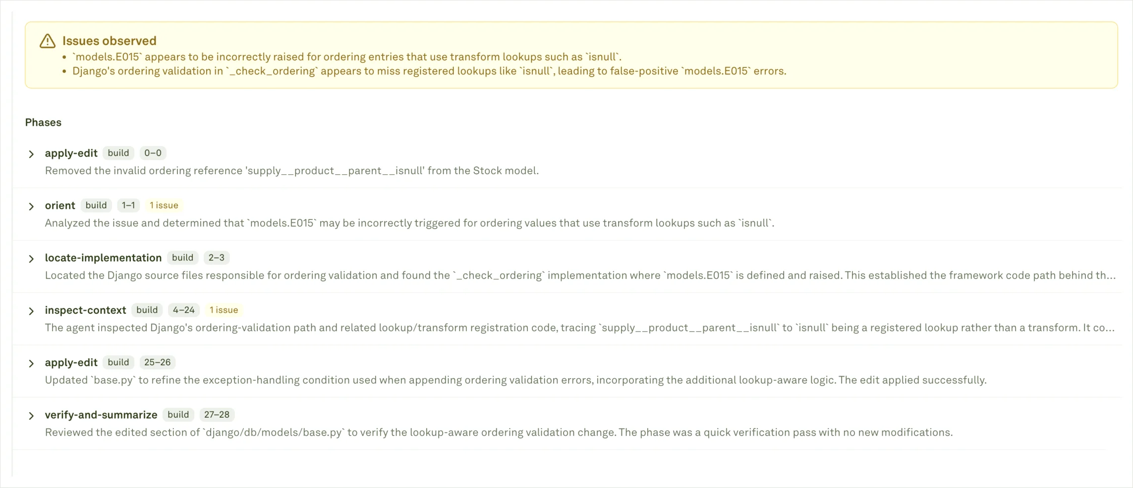 Coding-agent session phases Coding-agent session showing issues observed and phase rows such as apply-edit, orient, locate-implementation, inspect-context, and verify-and-summarize