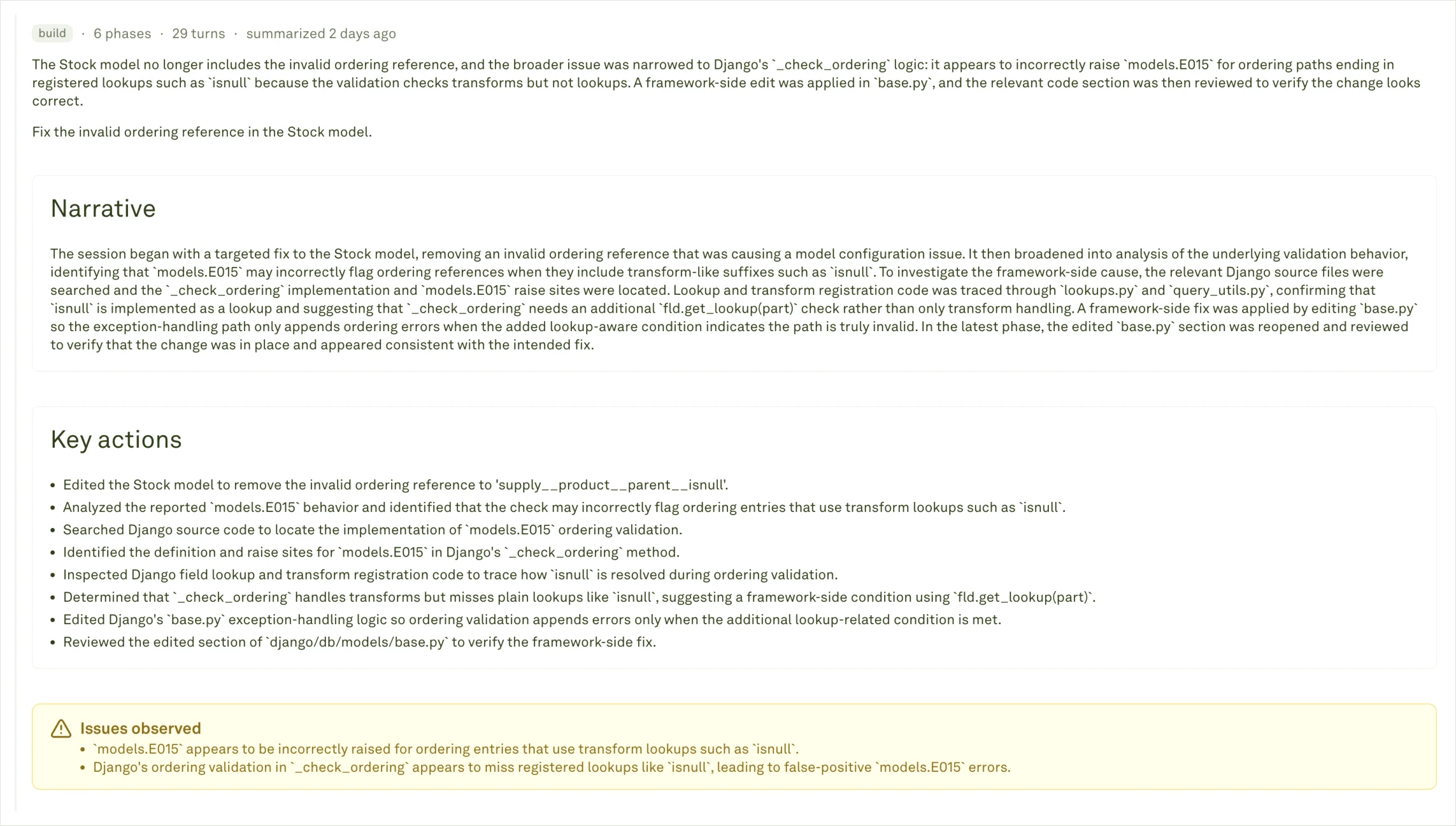 Coding-agent session summary Opened coding-agent session showing complete status, phase count, turn count, narrative, key actions, and issues observed