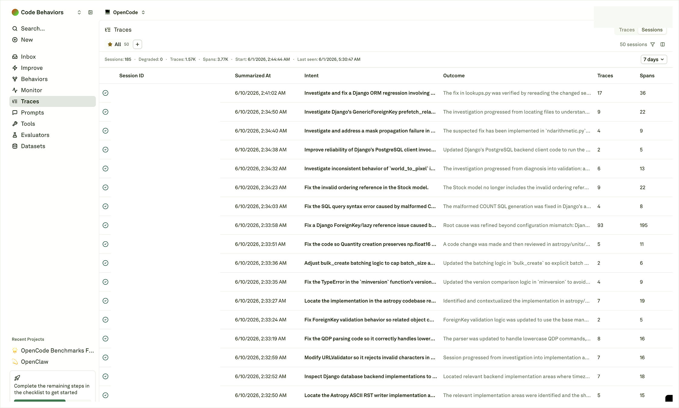 Coding-agent Sessions tab Traces page with Sessions tab selected showing summarized coding-agent sessions, intents, outcomes, trace counts, and span counts