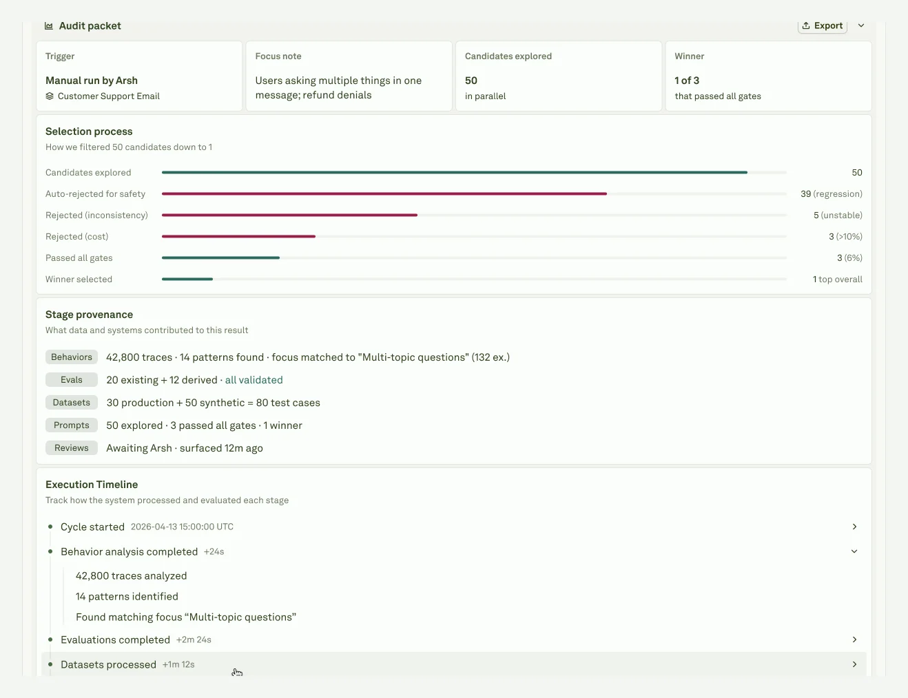 Improve audit packet Improve audit packet section with export button, selection process, stage provenance, and execution timeline