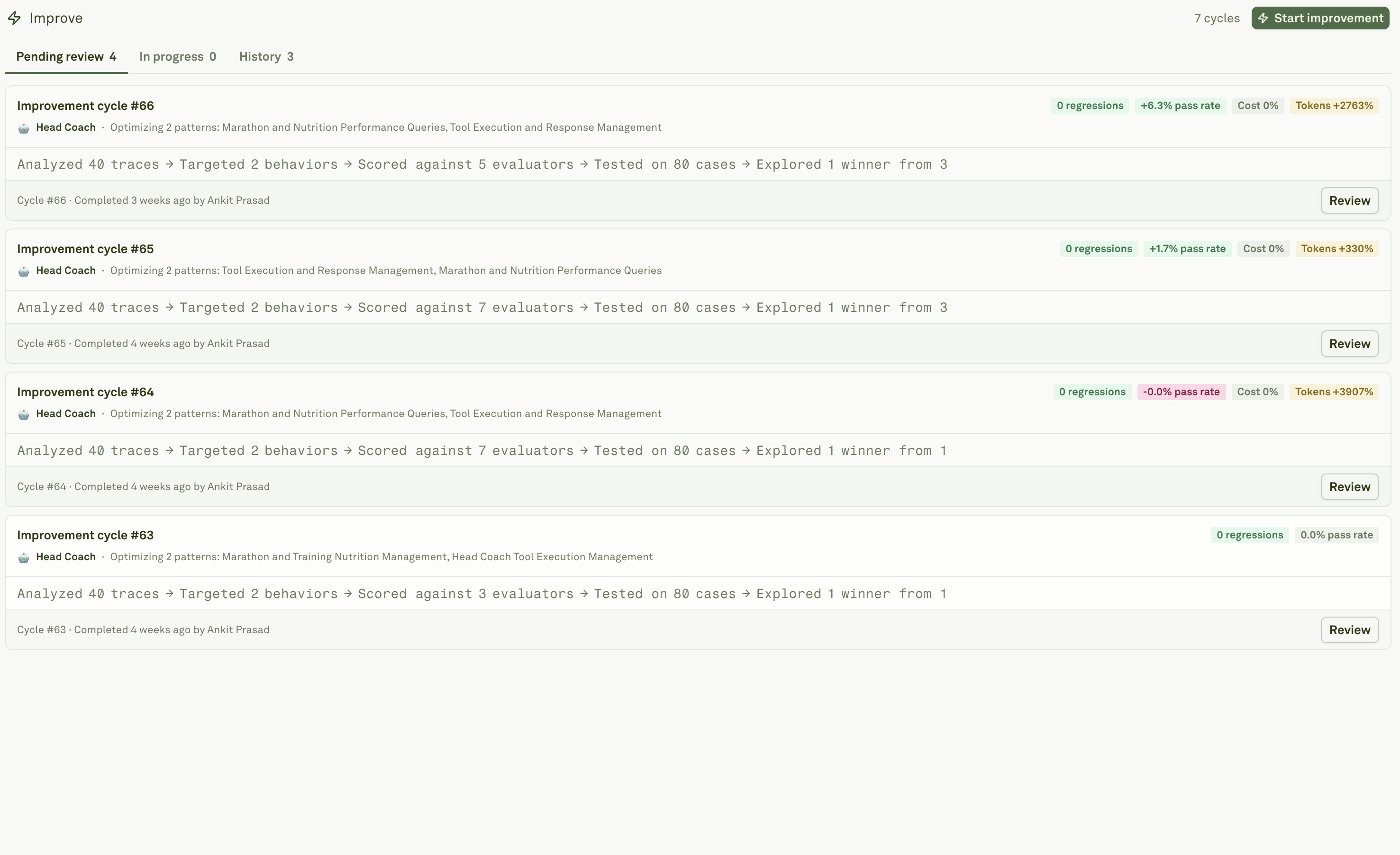 Improve cycles Improve page showing pending review, in progress, and history cycles