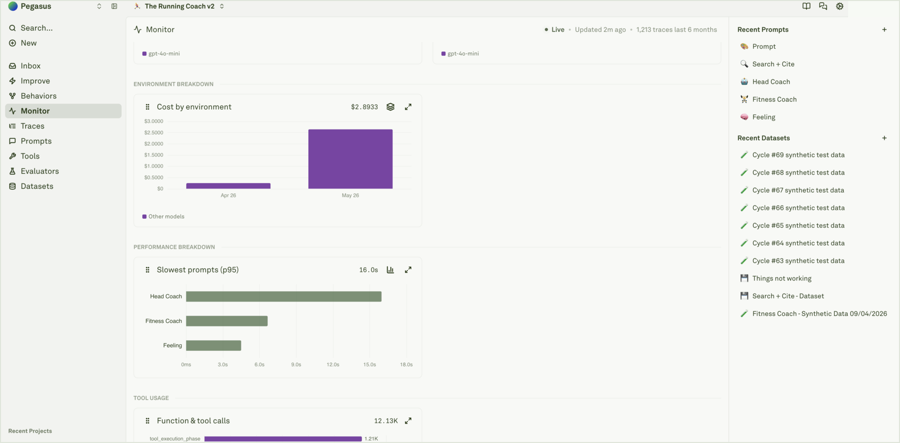 Monitor tool usage and performance charts Monitor performance and tool usage charts showing slowest prompts and function call counts