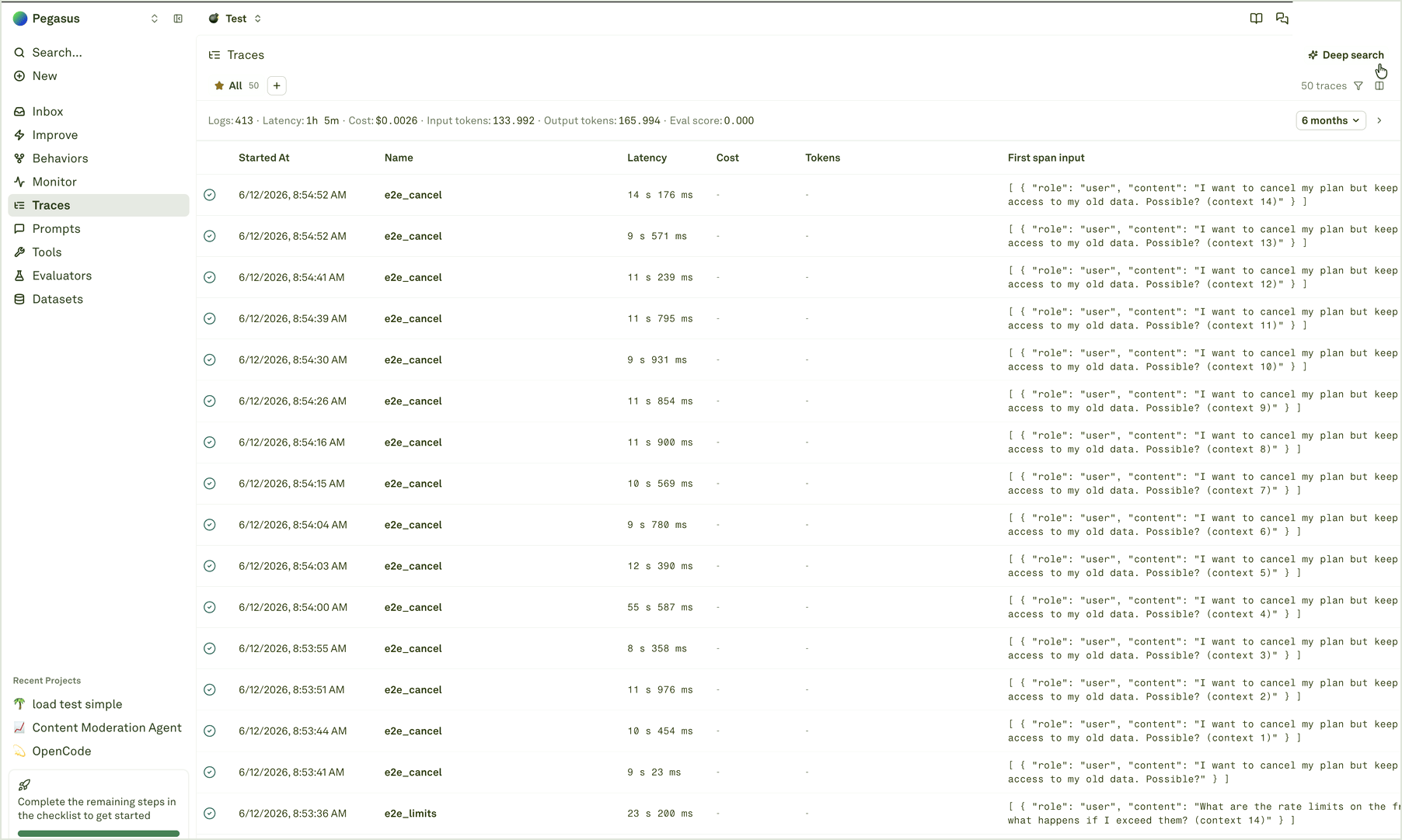 Open Deep search from Traces Traces table with the Deep search entry button visible above filtered production logs