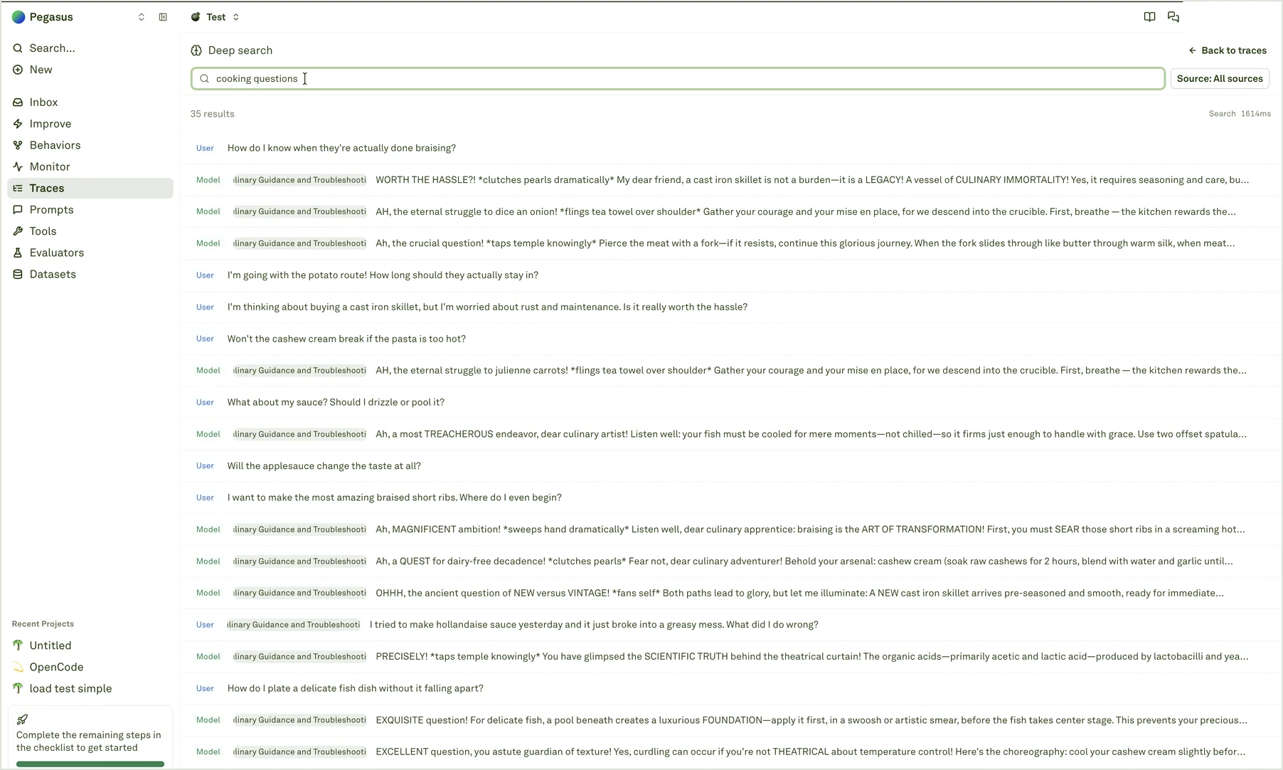 Deep search results Deep search results for cooking questions with user and model matches across logged traces