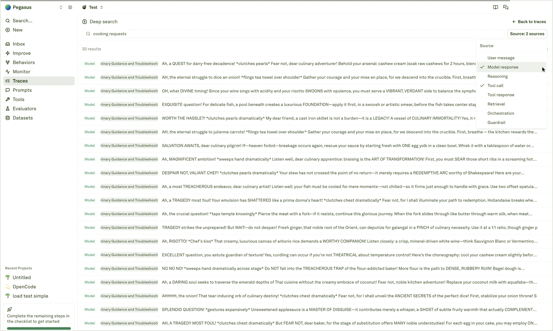 Deep search source filters Deep search source menu with user message, model response, reasoning, tool call, tool response, retrieval, orchestration, and guardrail options