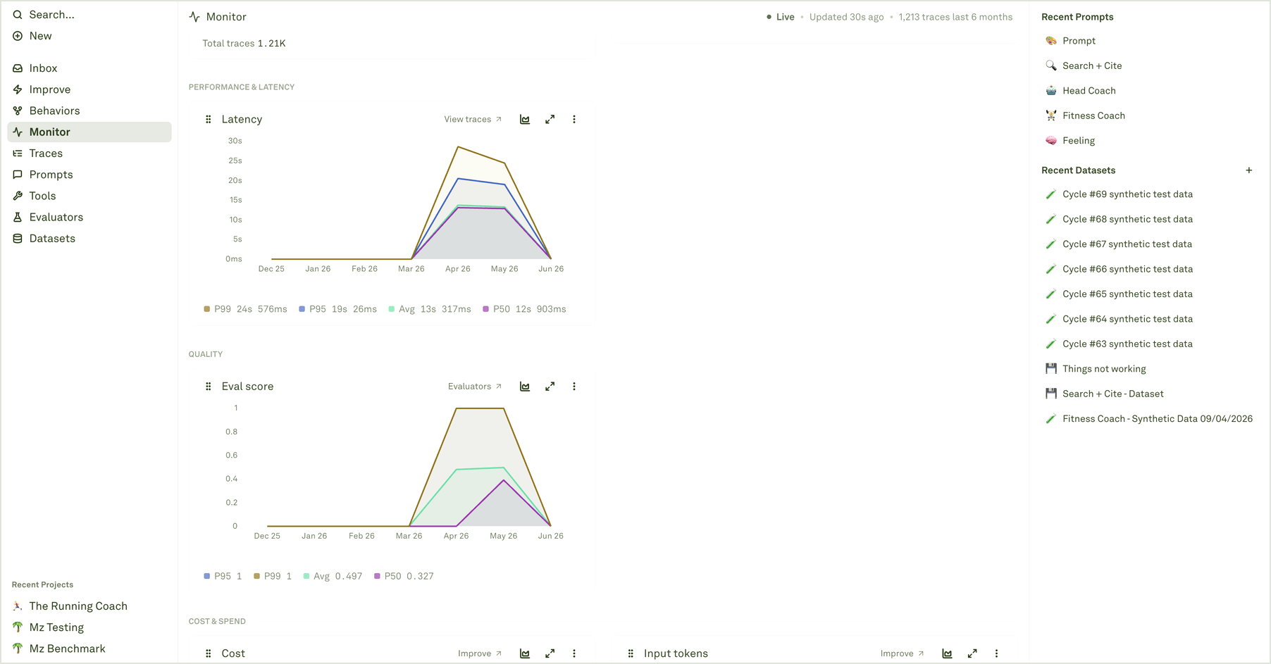 Monitor latency and quality charts Monitor charts showing latency and evaluation score trends
