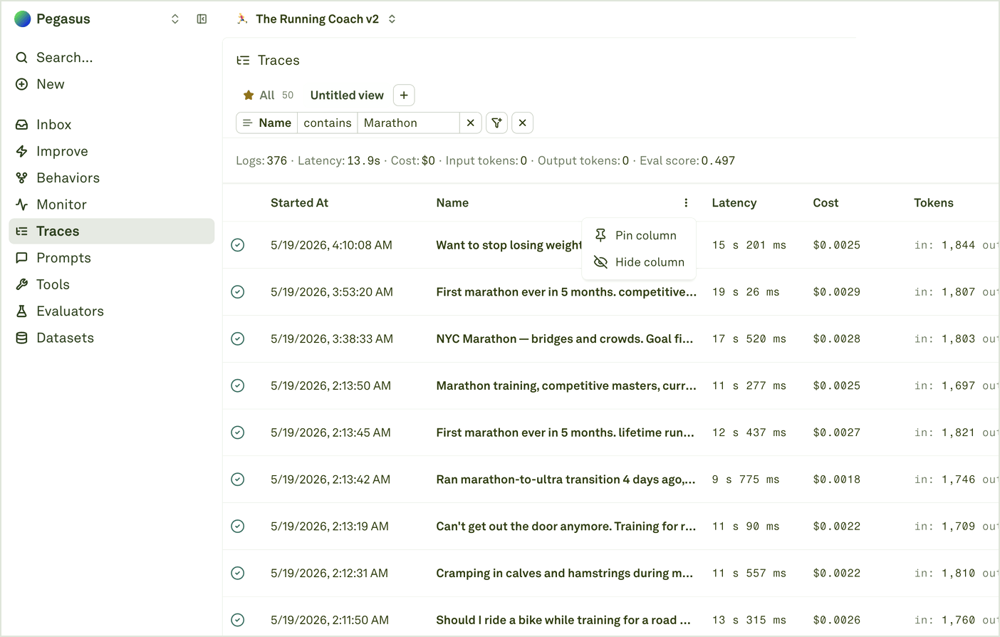 Column action menu Traces table column menu with pin column and hide column actions