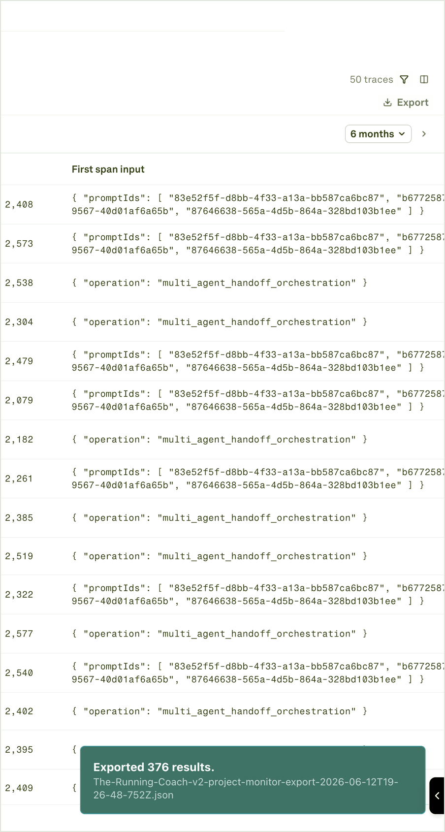 Exported log results Traces table after exporting filtered results with an export confirmation toast