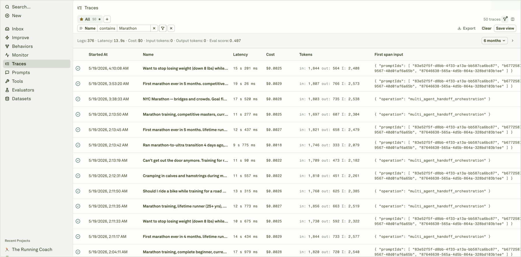 Filtered logs Traces table filtered by name with filter chips, export, clear, save view, summary metrics, and result rows
