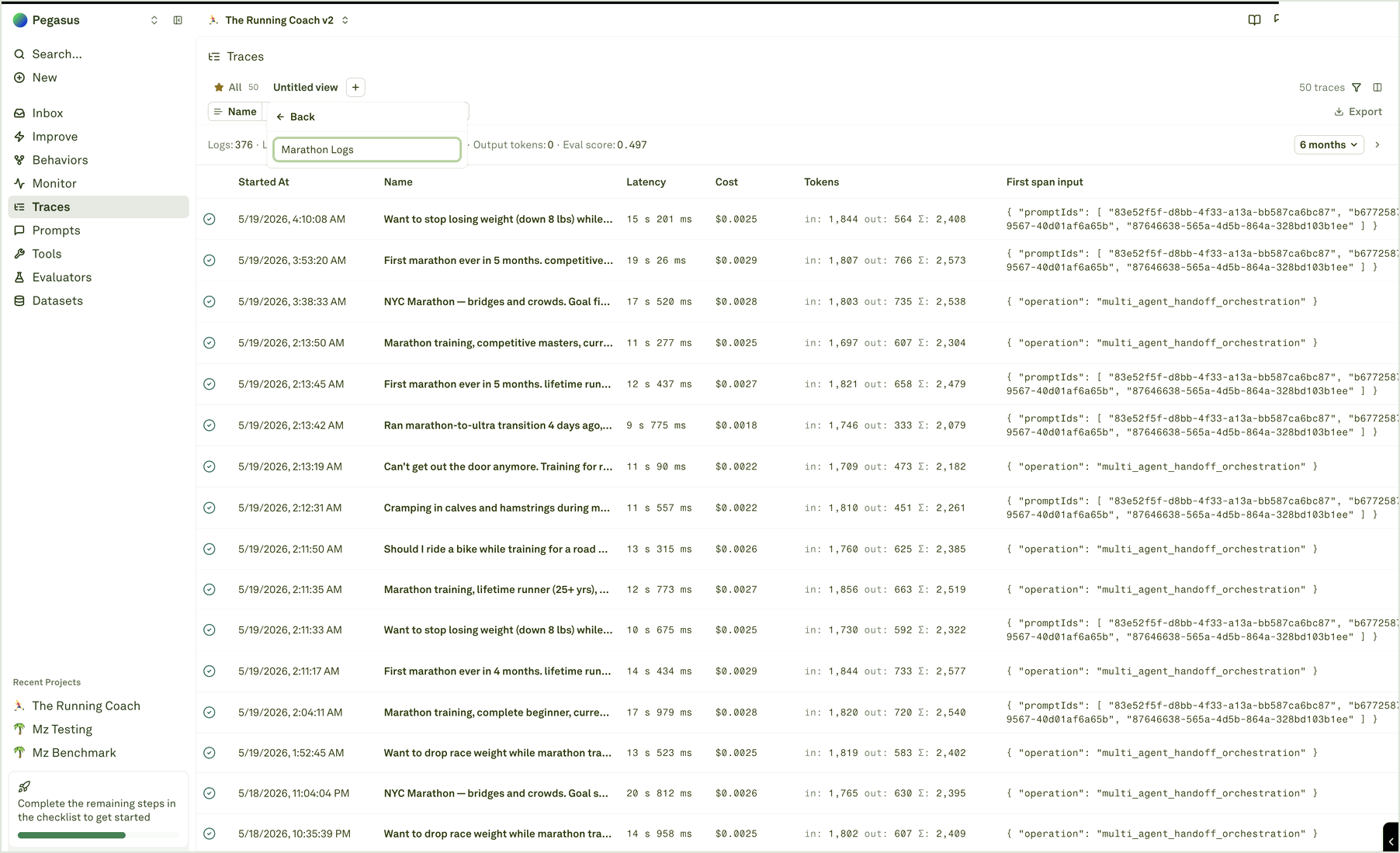Save a filtered log view Traces table with a save-view popover naming a reusable filtered view