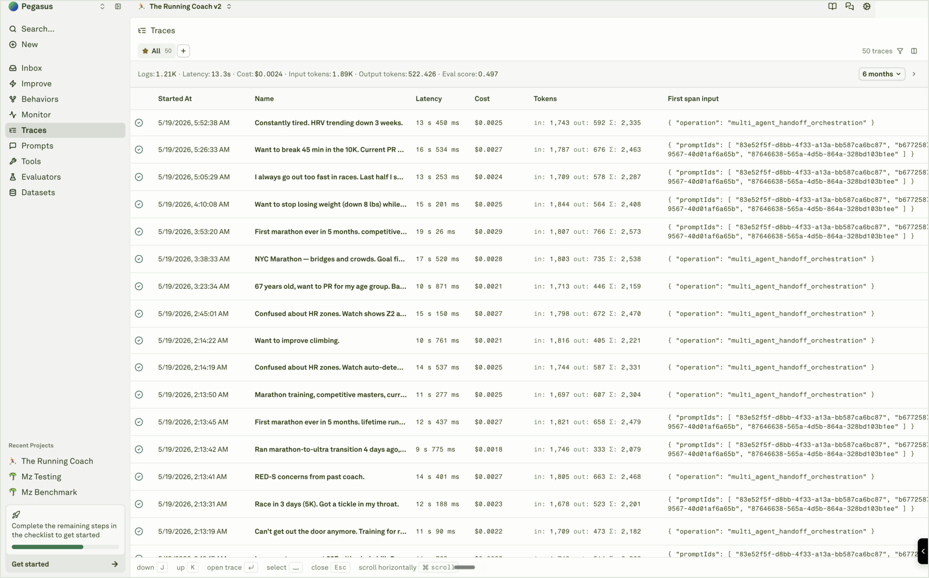 Instrumented production logs Logs table showing instrumented traces, status, latency, cost, tokens, and first span input