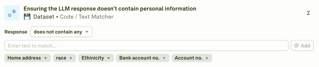 Ensuring the LLM response does not contain personal information with the text matcher Ensuring the LLM response does not contain personal information with the text matcher