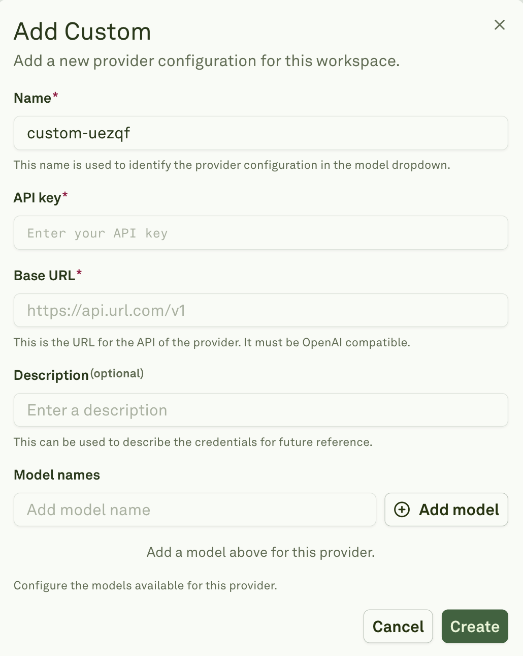 Enter Custom Provider API Credentials Enter custom provider API credentials