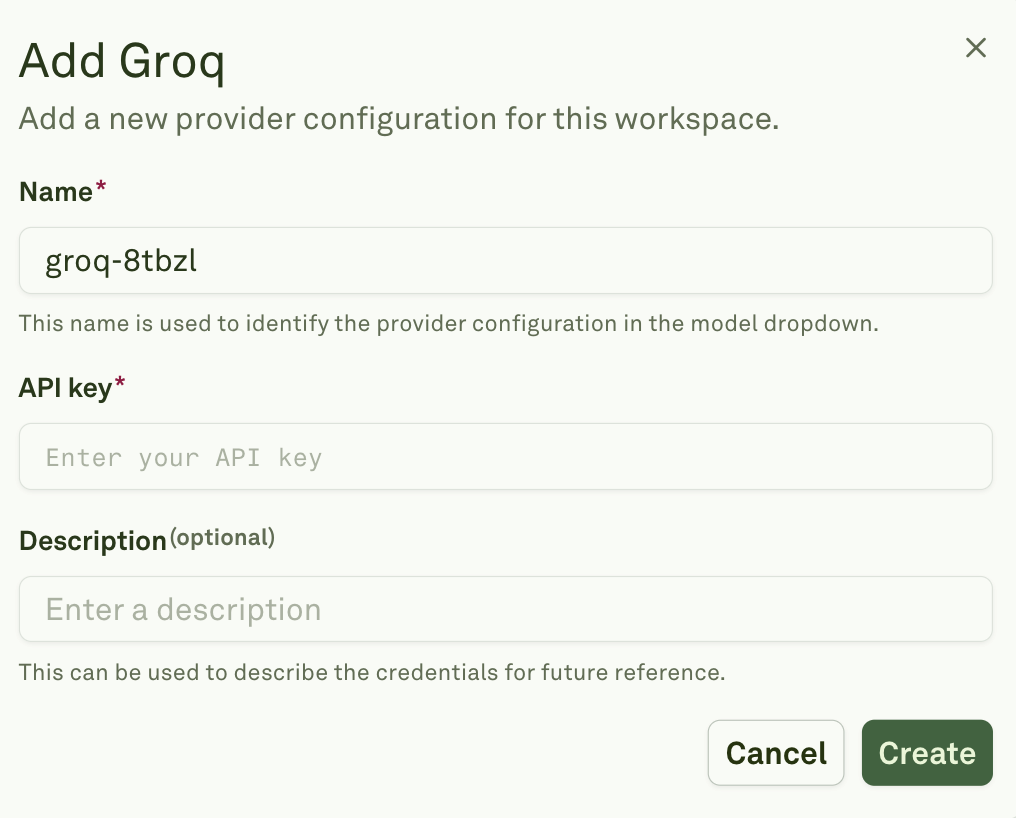 Enter Groq API Credentials Enter Groq API credentials