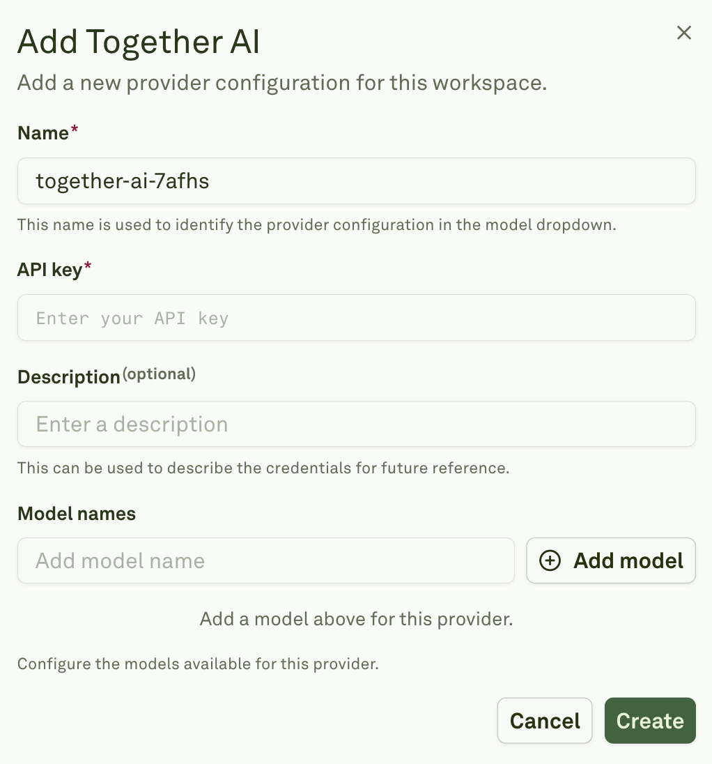 Enter Together AI API Credentials Enter Together AI API credentials