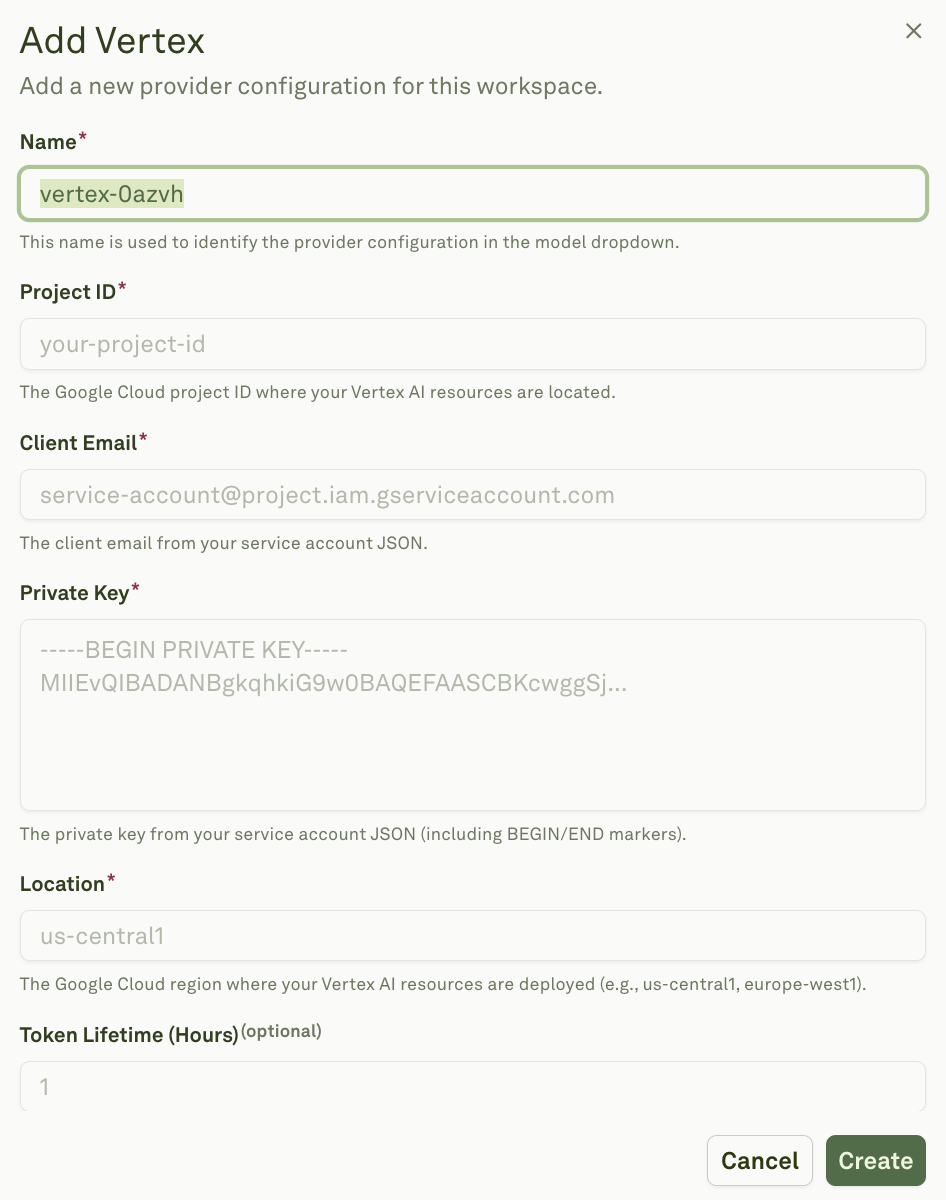 Enter Vertex API Credentials Enter Vertex API credentials