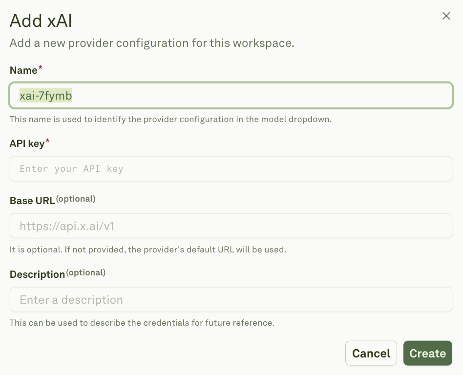 Enter xAI API Credentials Enter xAI API credentials