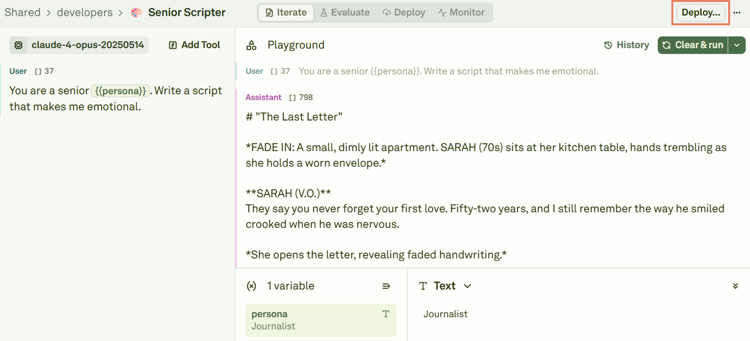 Deploying a prompt from the Editor Deploying a prompt from the Editor