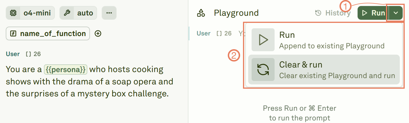 Prompts execution options in the Playground Prompts execution options in the Playground