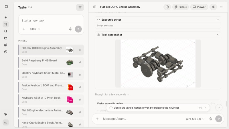 Adam task showing a Fusion engine assembly and its generated work