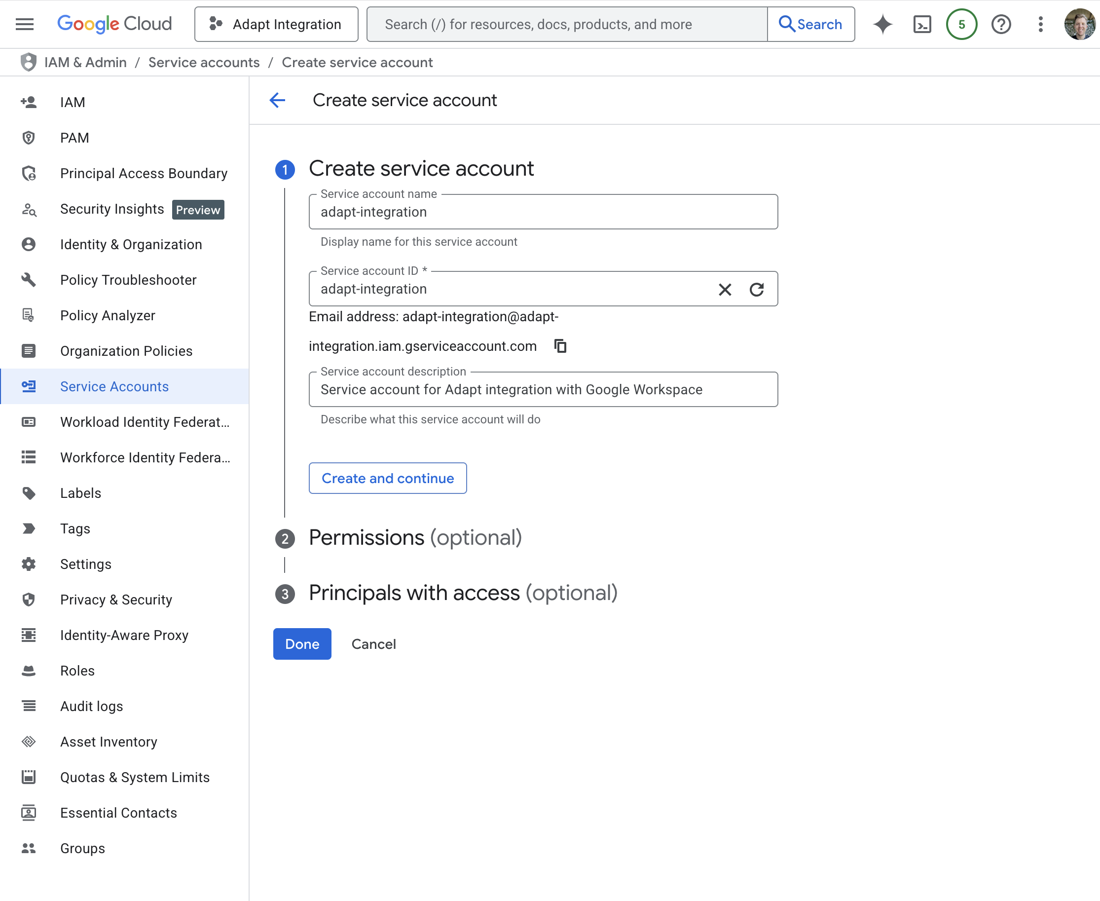 Create service account form