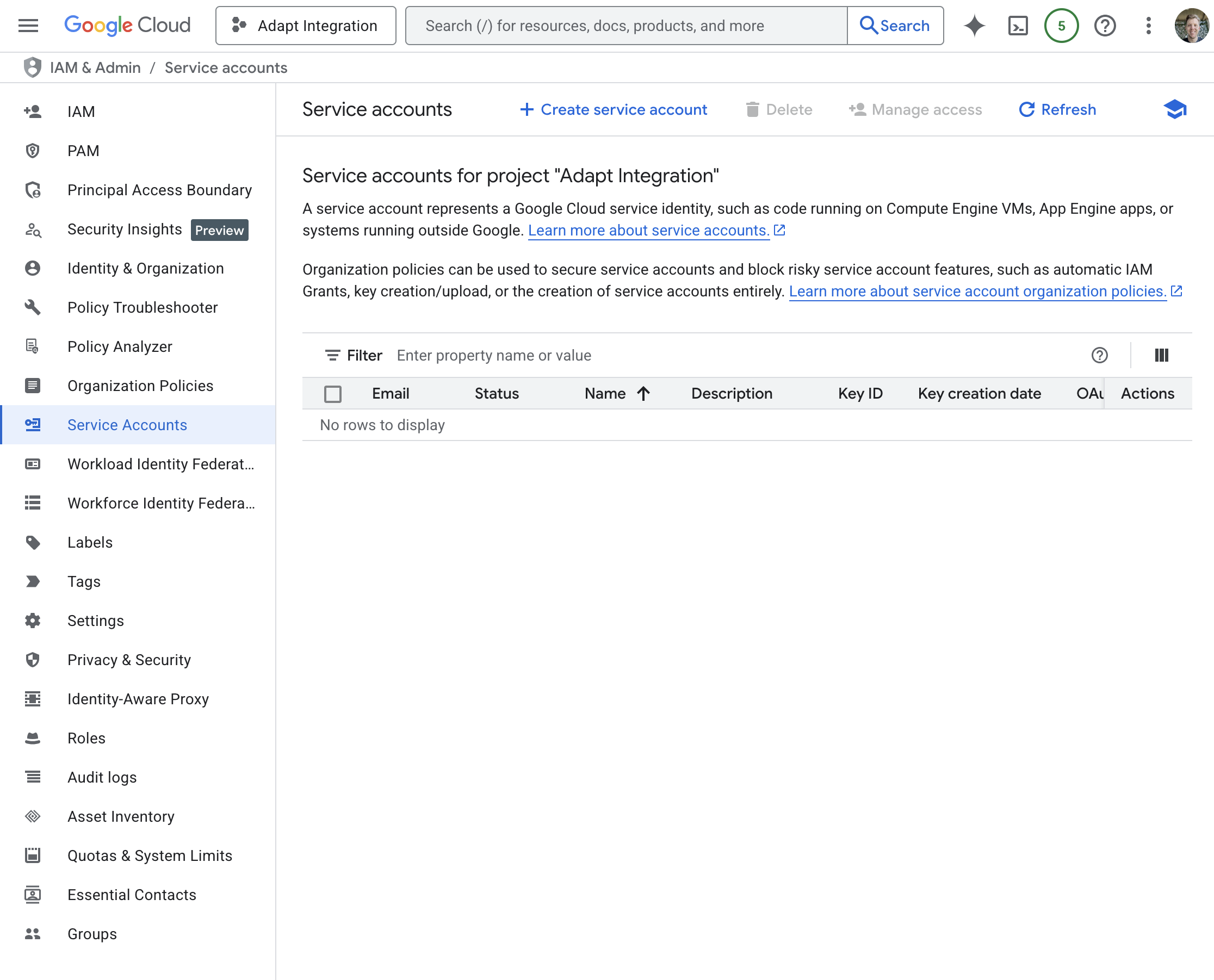 Service Accounts page