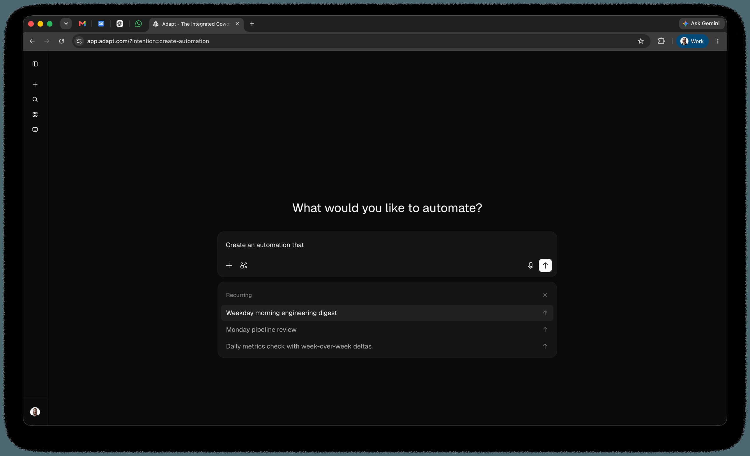 Adapt's create-automation screen asking "What would you like to automate?" with Recurring, One-time, and Event-based prompt examples listed below the composer