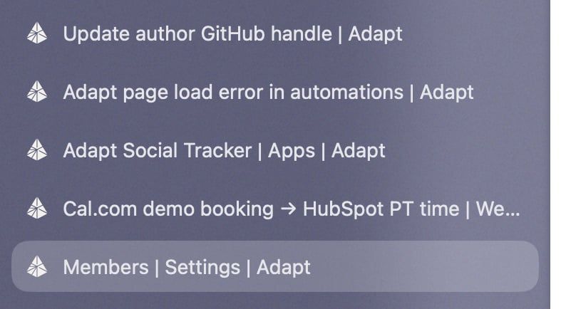 A browser tab list showing five Adapt tabs, each named for its own page, including "Adapt Social Tracker | Apps | Adapt" and "Members | Settings | Adapt"