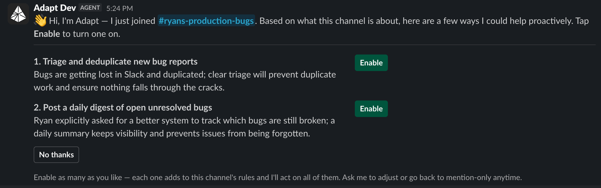 Adapt's welcome message in a bugs channel suggesting two proactive rules, each with an Enable button